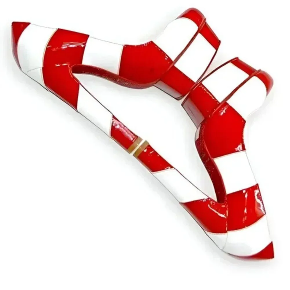Kandee White Red Striped Leather Streetwear Ultra High Platform Heels 39 7.5-8